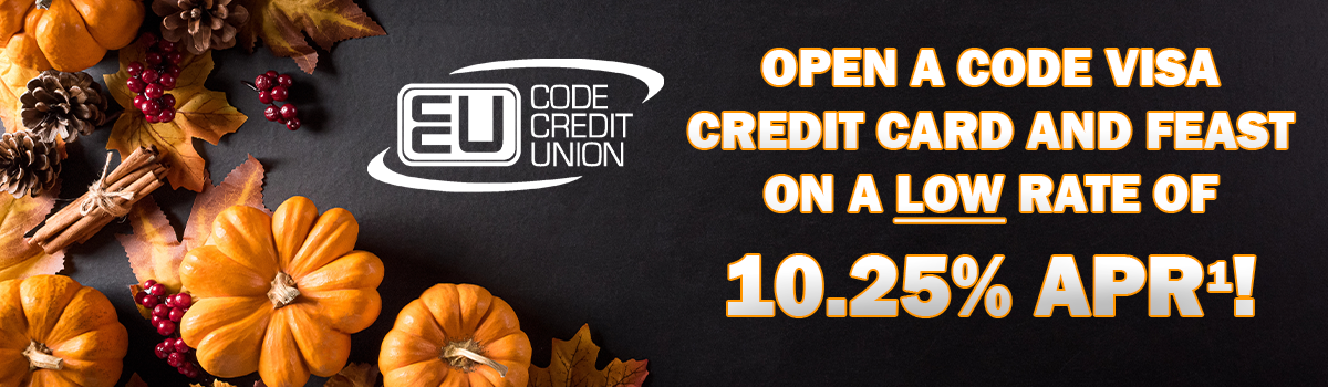 Open a CODE Visa Credit Card and Feast on a Low Rate of 10.25%APR promotion banner