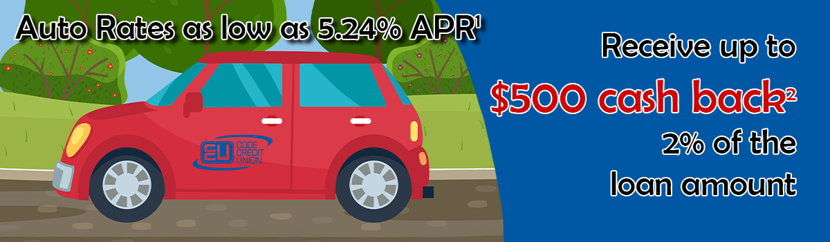 Auto rates as low as 5.24% APR1, receive up to $500 cash back2 2% of the loan amount/