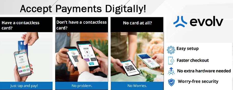 accept payments digitally. graphic shows various card readers available to members through Evolv