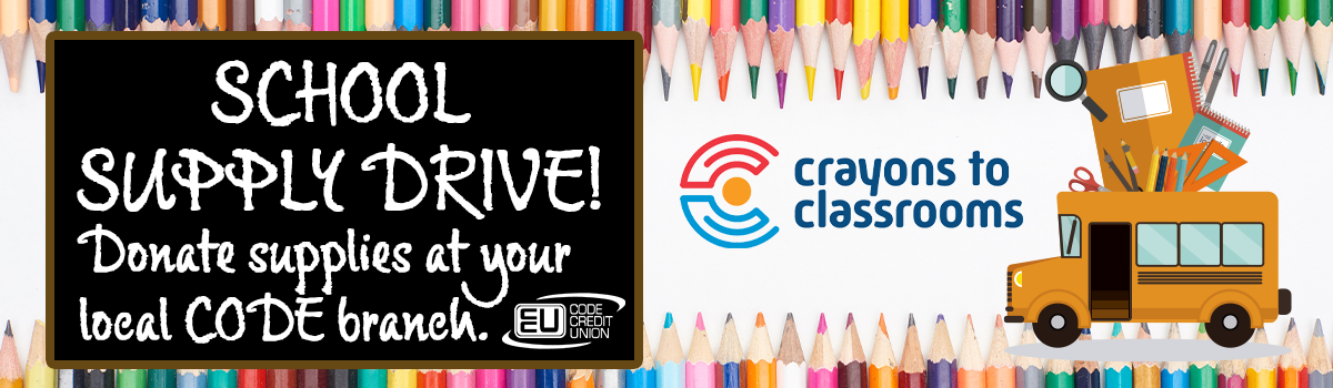 School supply drive. Donate supplies at your local CODE branch.