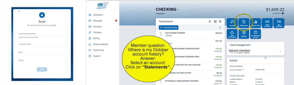 online banking enrollment screen and statement screen