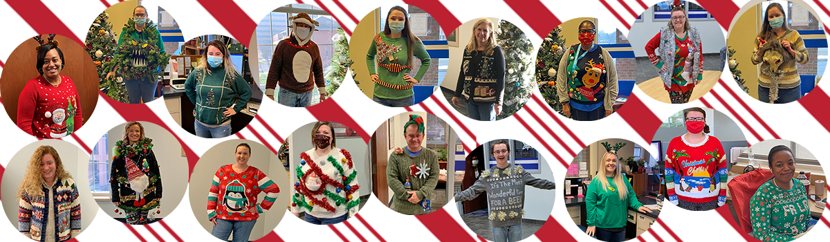 staff wearing ugly christmas sweaters